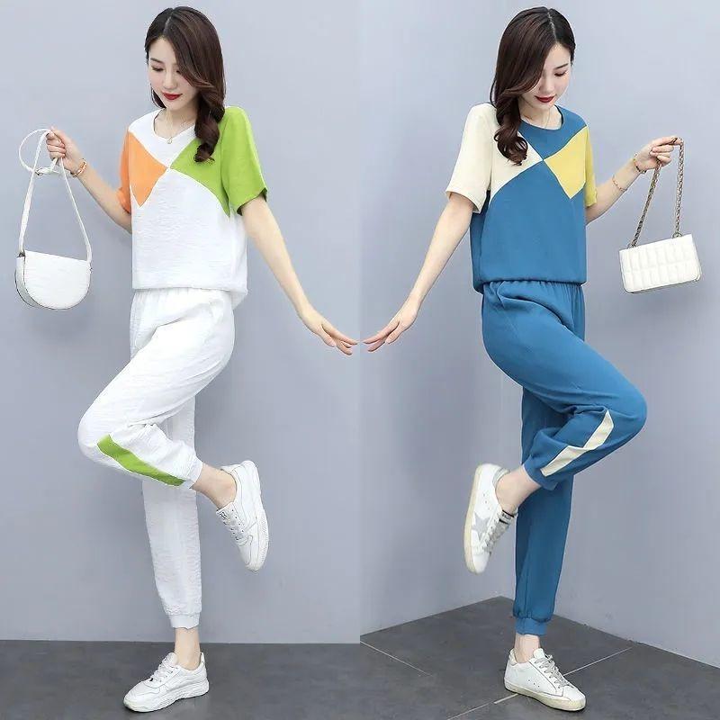 Plus Size Color Block Two-Piece Sportswear Set: Short Sleeve T-shirt & Jogger Pants