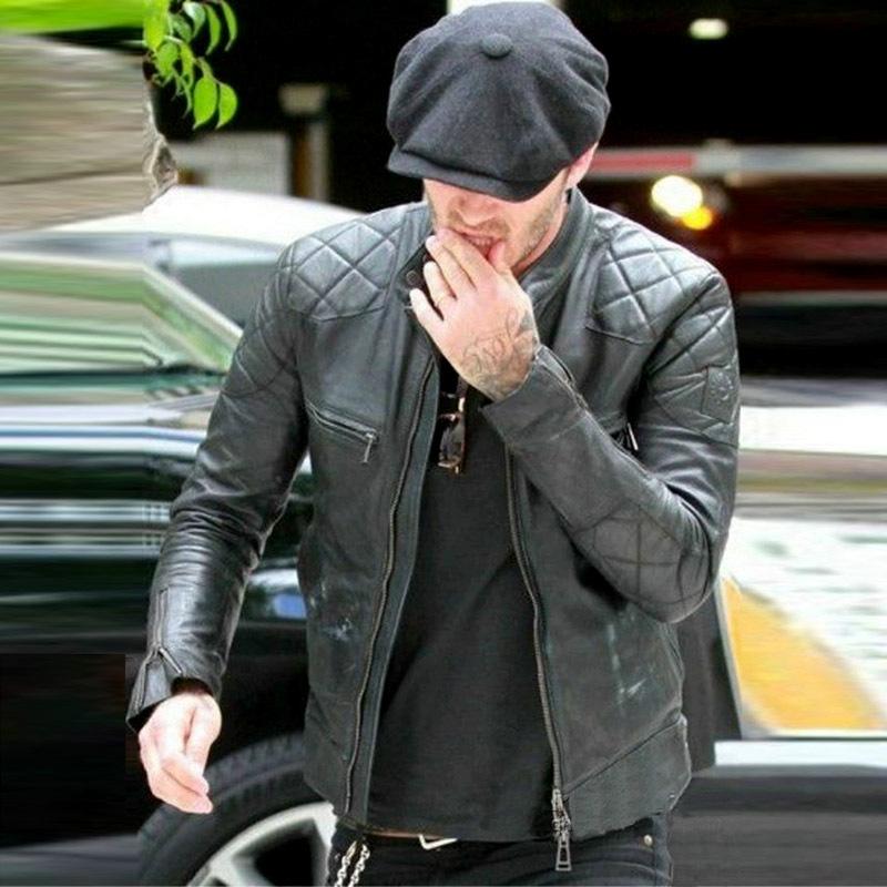 Męska kurtka ze skóry owczej, Kołnierz stojący, Skośny wzór rombów, Swobodny styl motocyklowy