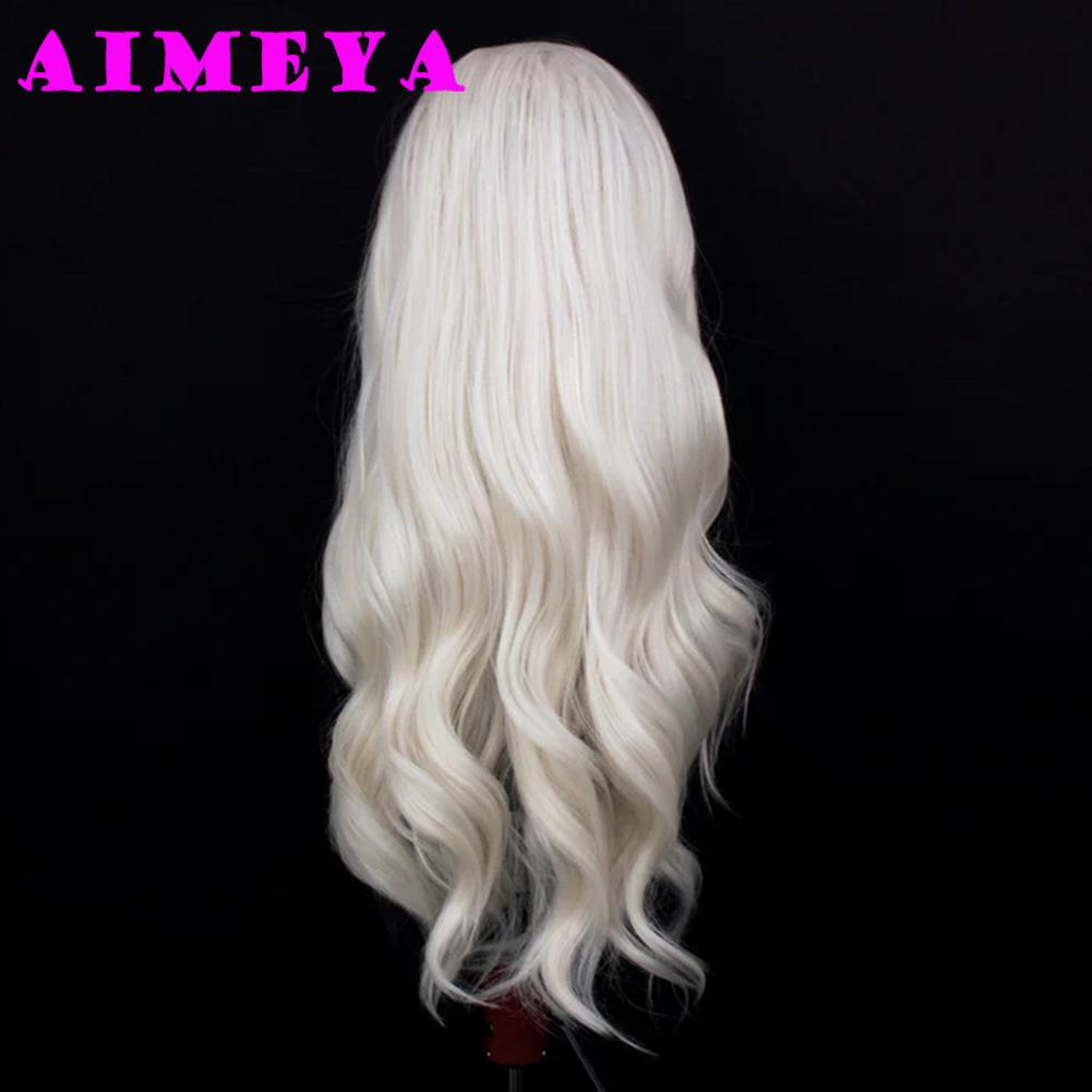 AIMEYA Platinum Lace Wig 13x4 Natural Hairline Blonde Synthetic Lace Front Wig for Women Long Natural Wave Daily Use Cosplay Wig