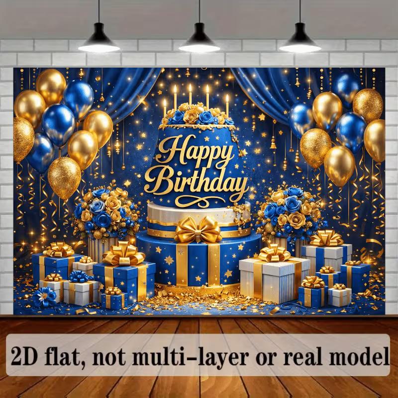 2D Blue Gold Luxury Birthday Backdrop Banner Men Boys Happy Birthday Party Decor Background