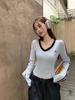 Women's Slim-Fit Dark Blue Lace V-Neck Striped Long-Sleeve Top - Autumn Spicy Style