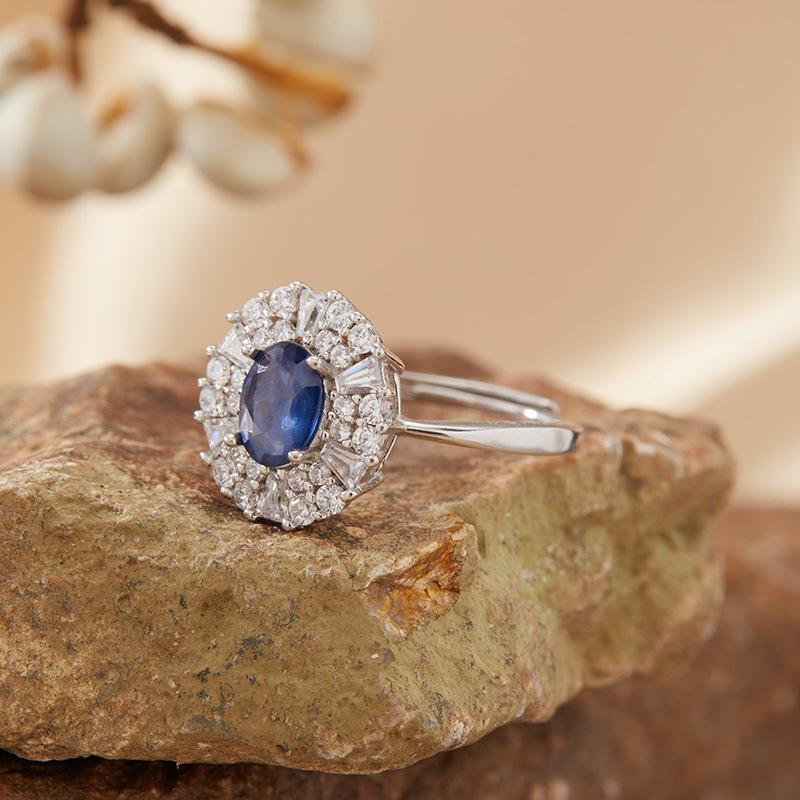 Natural Sapphire Colored Treasure Ring Women'S S925 Sterling Silver Light Luxury High-End Index Finger Ring Earrings