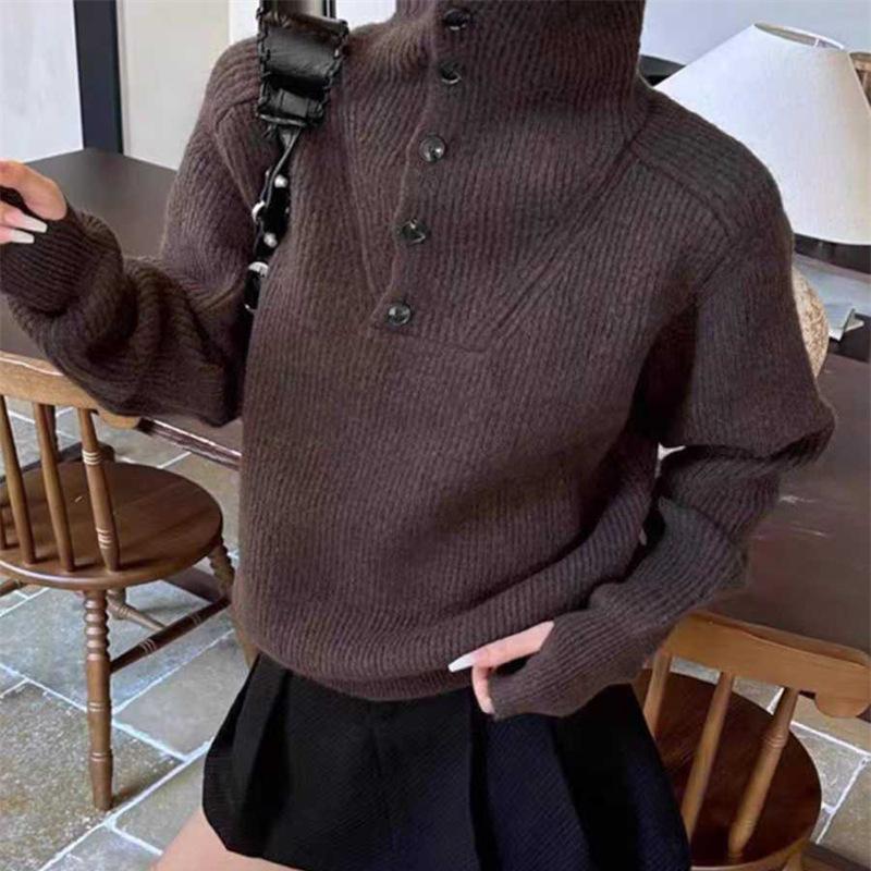 Korean high-necked loose autumn and winter lazy wind half-open button pullover soft waxy knitted sweater femininity age-reducing long-sleeved sweater