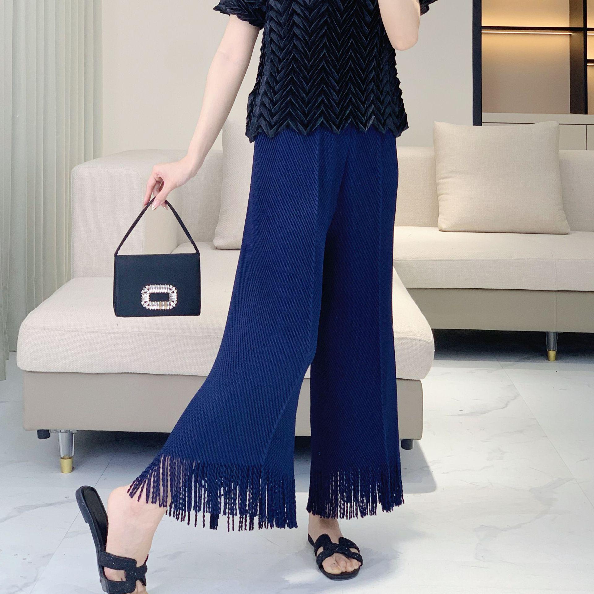 

Chic Pleated Tassel High-Waisted Pants for Spring, Summer, and Fall One Size [fits 80-140 jin] синій