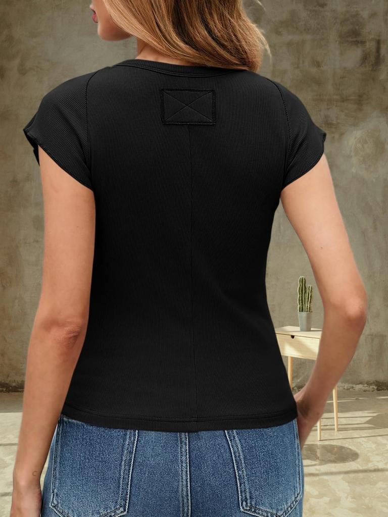 Womens Ribbed Knit T Shirt Cap Sleeve Crew Neck Slim Fit Summer Basic Top