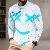 Men Plus Size Round Neck Long Sleeve Straight Hem Printed T Shirt White Cyan Smiley Pattern Pullover
