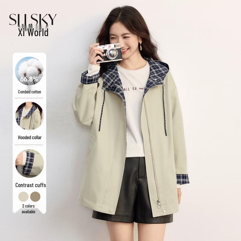 SLLSKY Women s Plaid Hooded Trench Coat XL