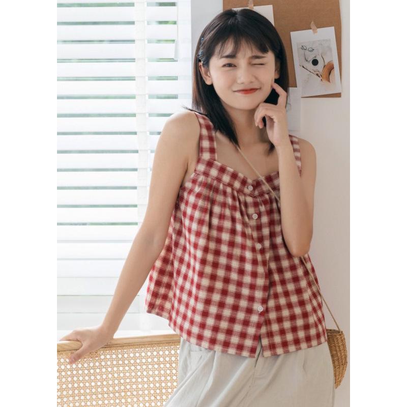 Japanese Style Fresh & Sweet Cotton Linen Plaid Camisole Vest for Women - Summer Loose Fit Top
