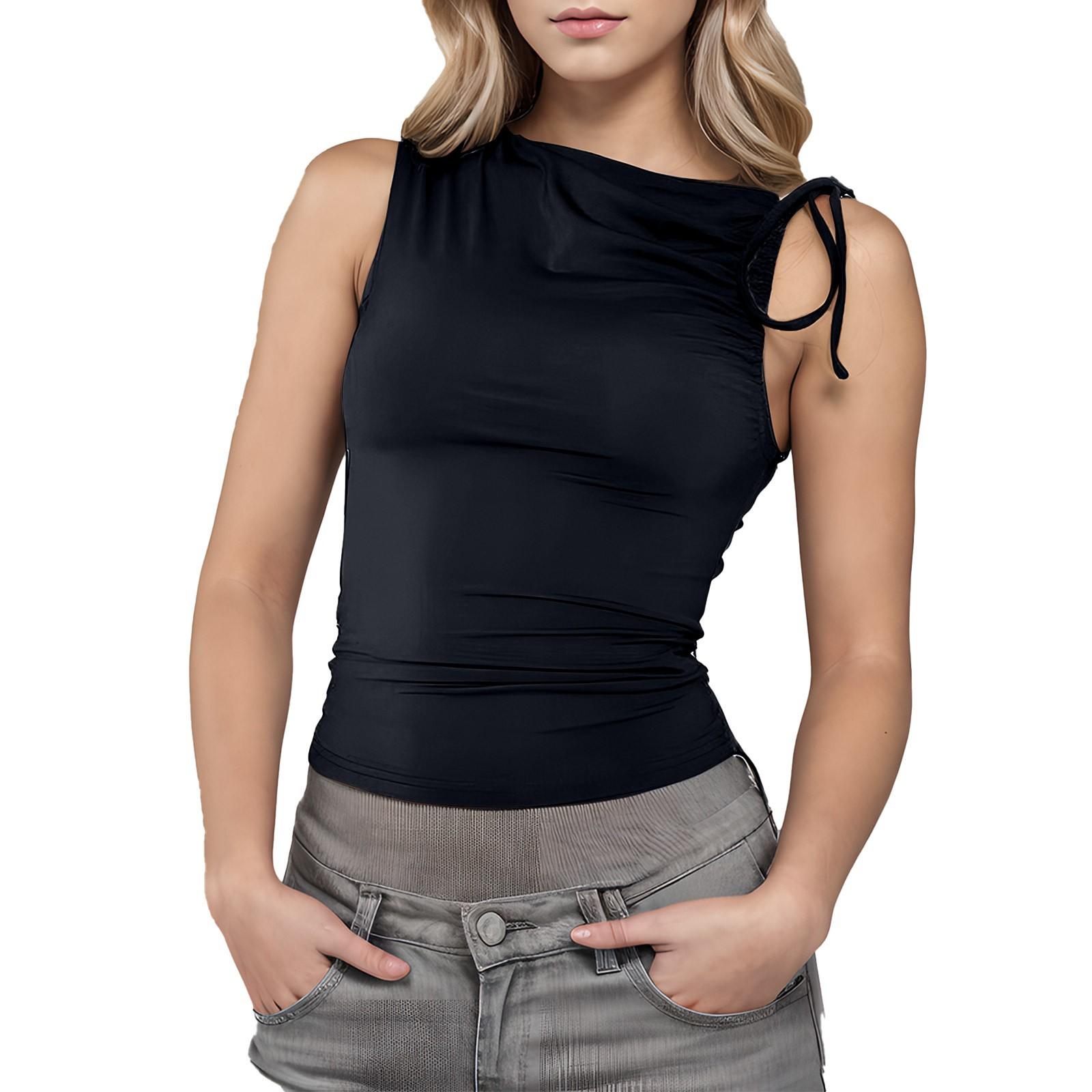 

Модный топ с косым вырезом на завязках без рукавов, плиссированный, с открытым пупком L чёрный