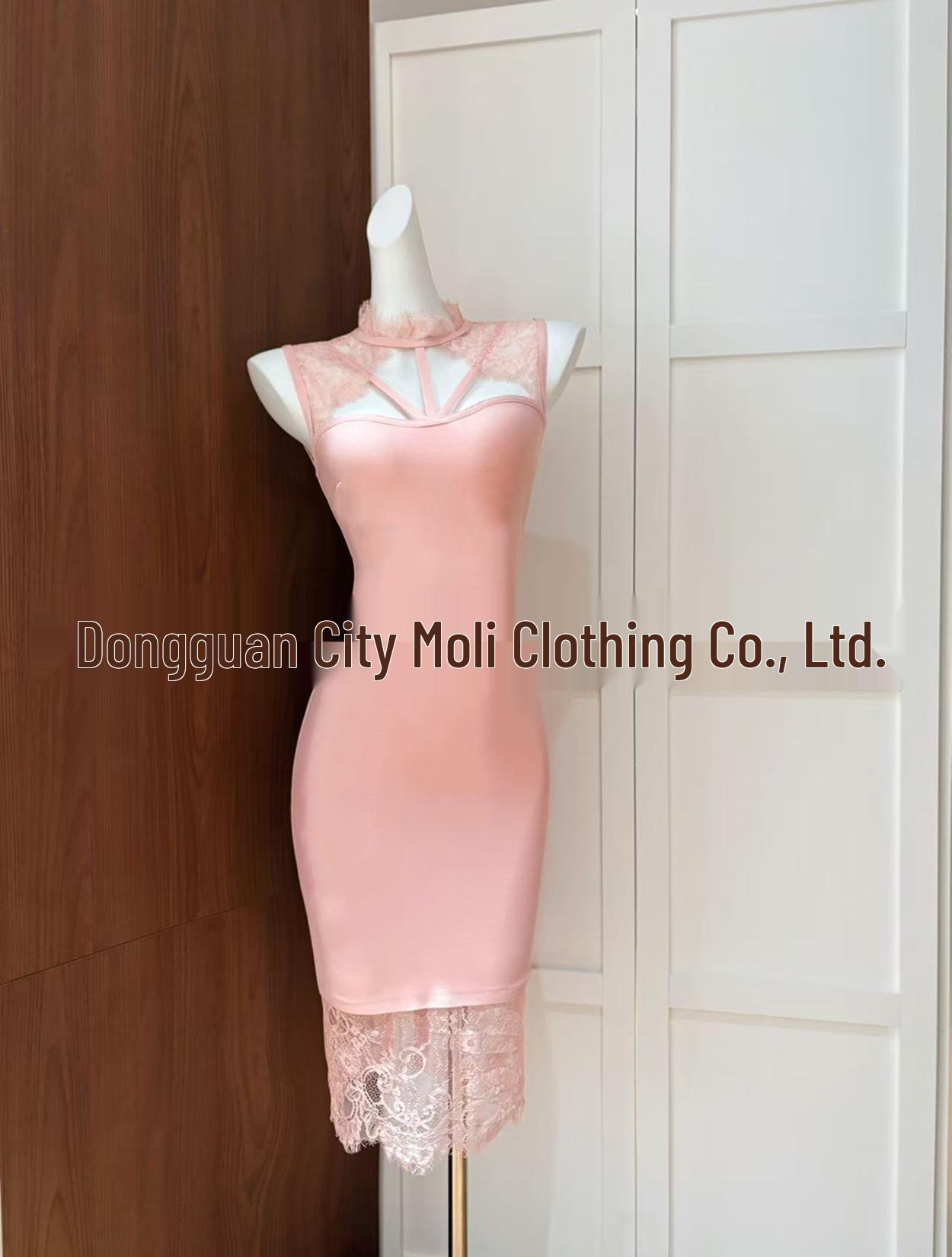 European & American Spicy Style Sexy Lace High Neck Sleeveless Slimming Bandage Dress Medium розовый