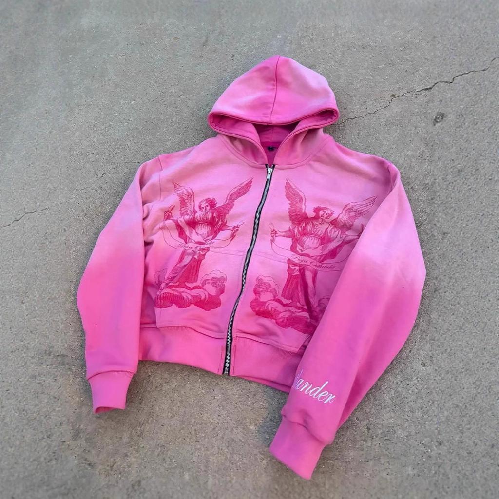 American hip hop rock pink design color cardigan hooded sports sweater jacket top gradual change coat spot