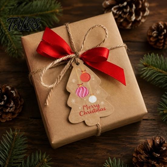 Holiday Souvenir Tags 50Pcs Christmas Tree Gift with Hemp Rope, Brown Paper Tags, Winter Party Favors Hanging Name Labels for DIY Xmas Wrapping