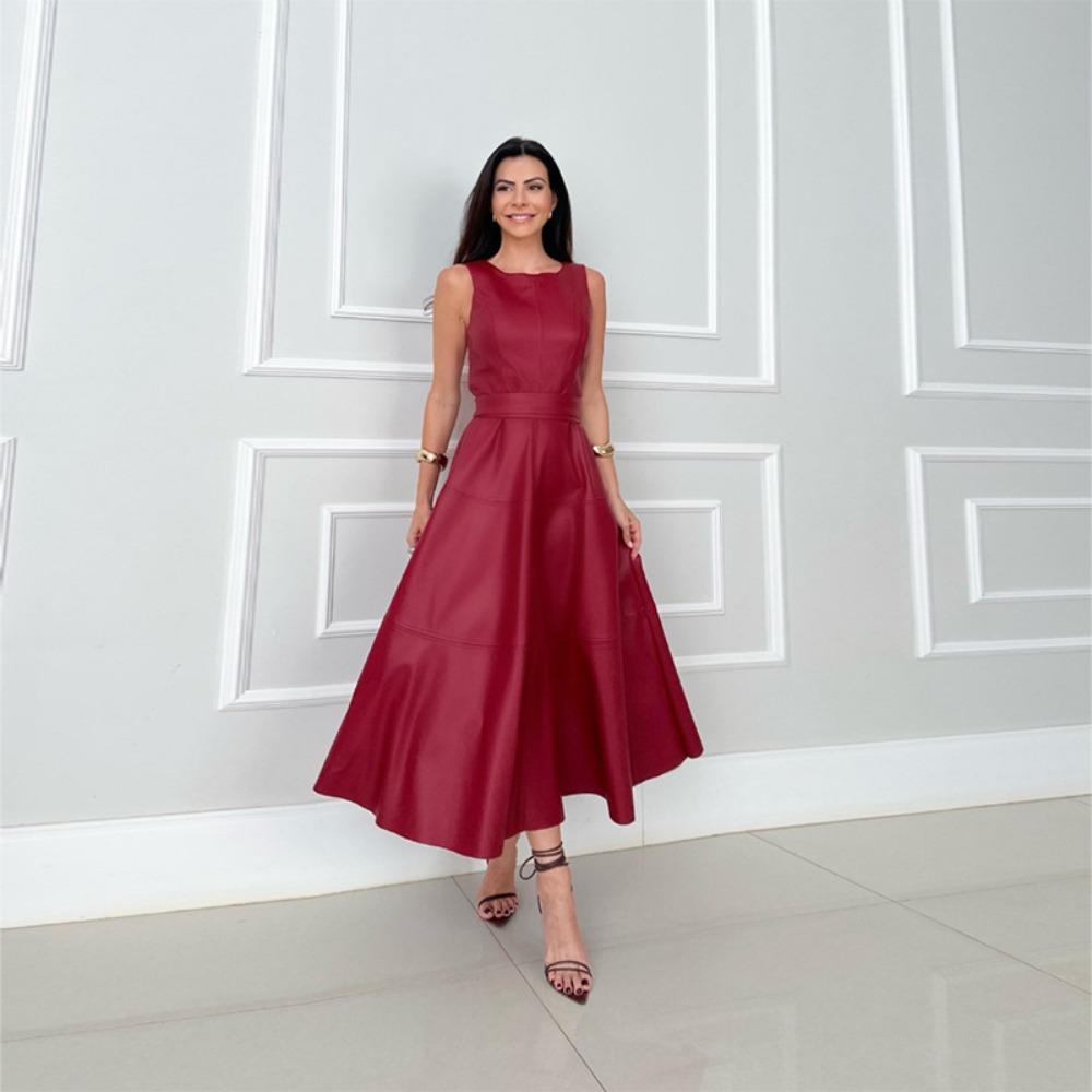 Damen Rundhals Ärmelloses Midi-Kleid Enganliegend Hohe Taille Elegant Kunstleder A-Linie Bürokleid