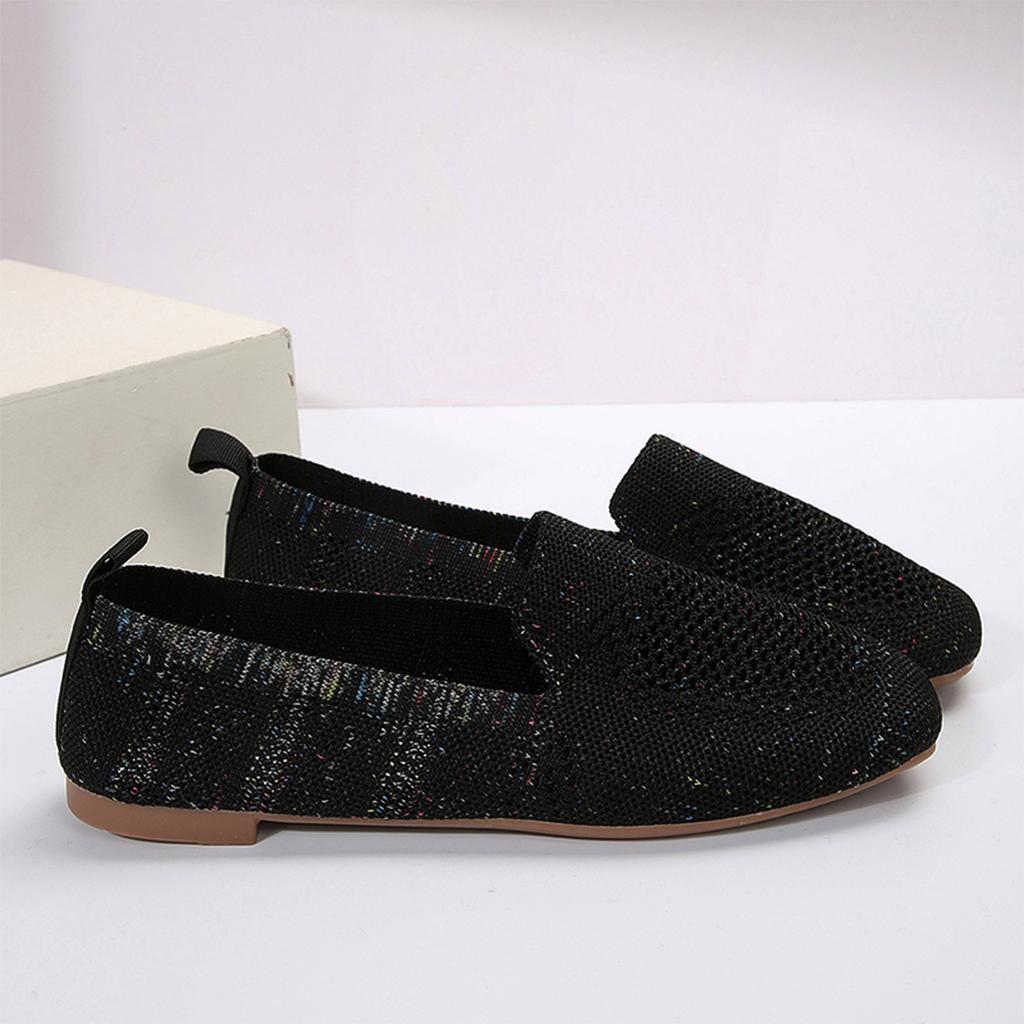 Women Slip On Casual Flat Shoes Metal Buckle Loafers Comfortable Lightweight Breathable Knit Fabric Large Size