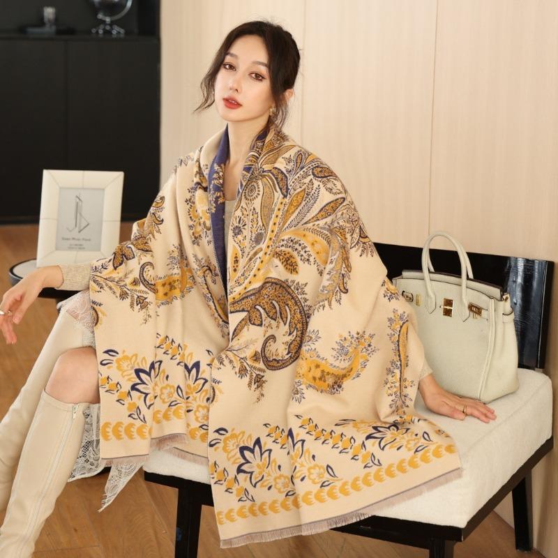 Gradual change flower imitation cashmere scarf women's high sense double-sided jacquard shawl retro scarf