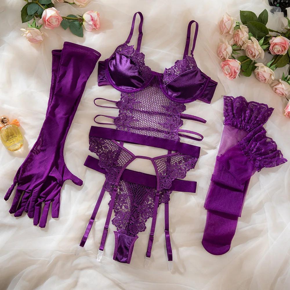 Purple Lingerie Set Women Lace Floral Embroidery Exotic Bra Panty Stocking Gloves Underwear