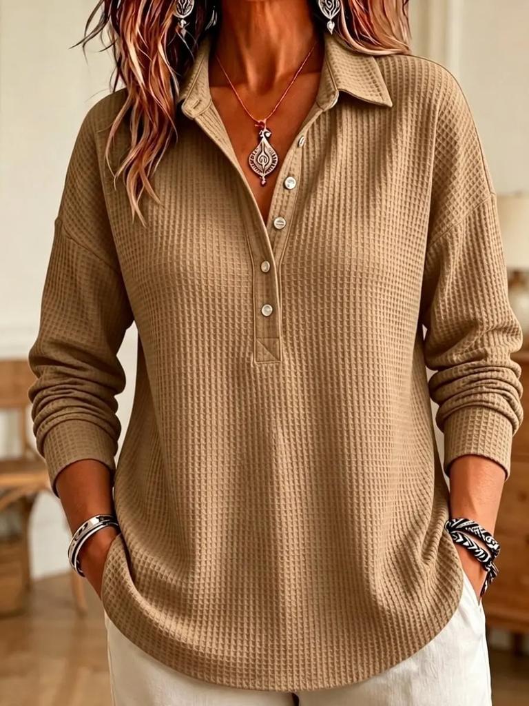 Damen S Waffelstrick Langarm Pullover T-Shirt Locker Lässiges Oberteil