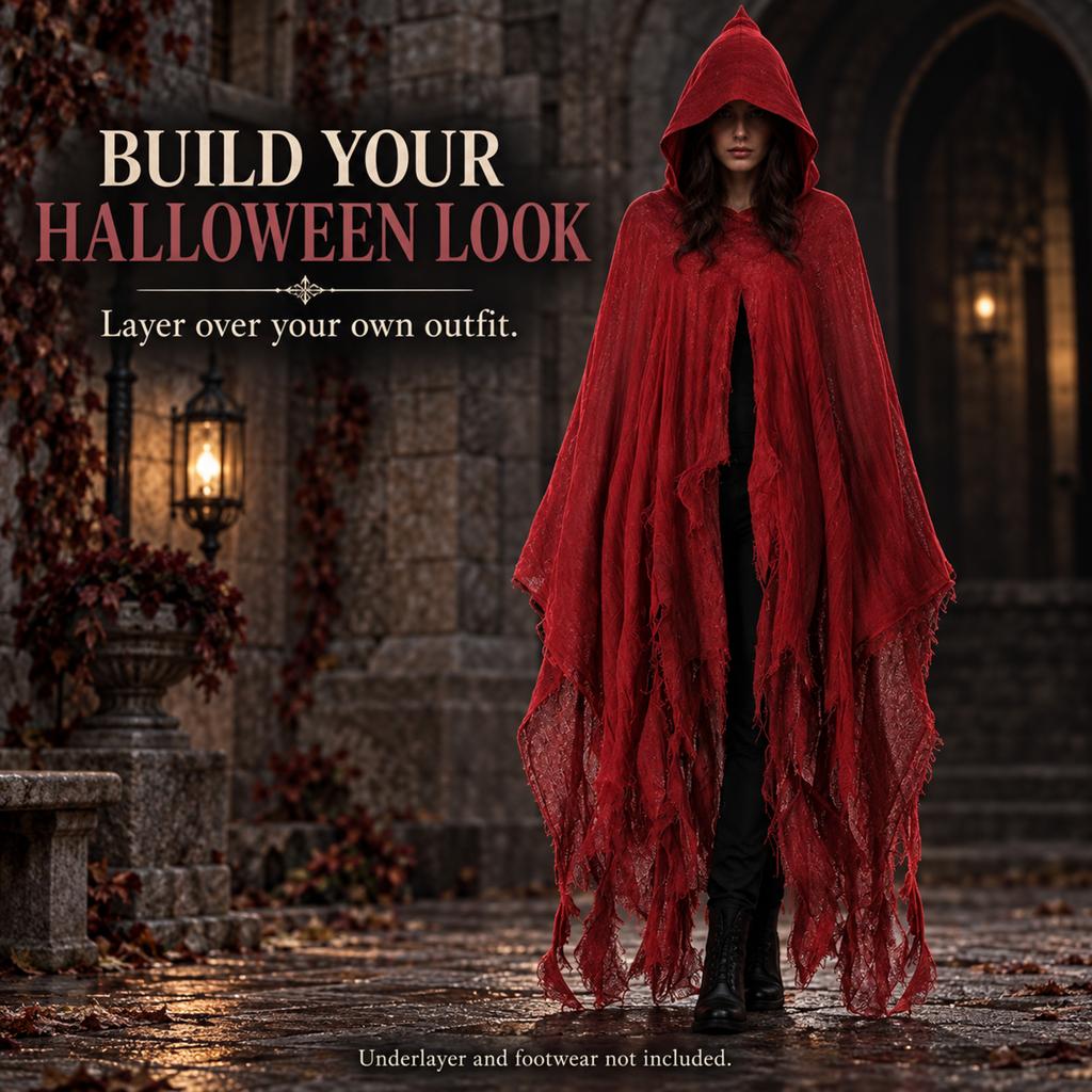 Halloween Hooded Cloak Cape Distressed Gauze Ragged Hem Ghost Grim Reaper Gothic Vampire Costume Robe for Men Women