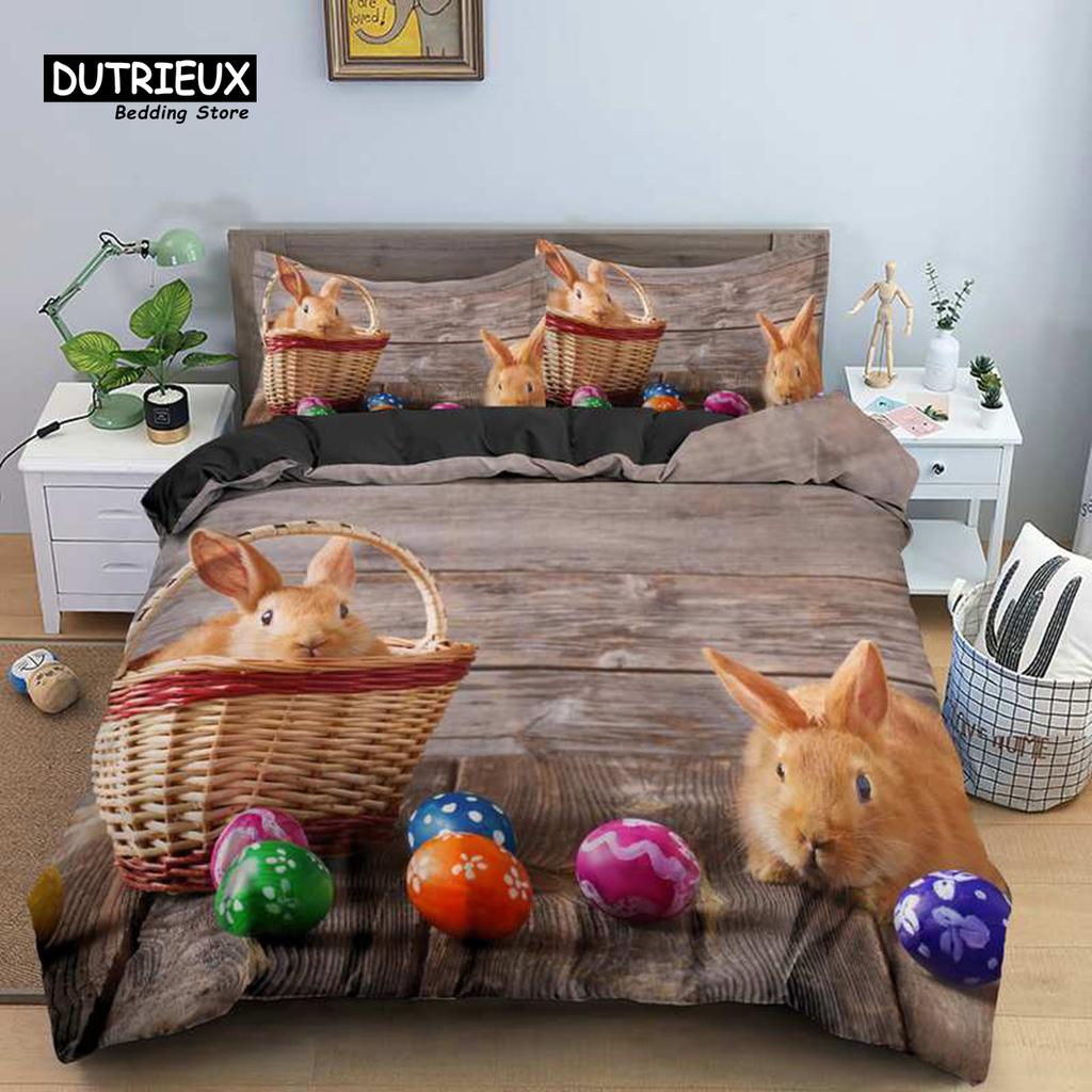 Soft Cartoon Pastoral Rabbit Duvet Cover Set Easter Eggs Print Bedding Set For Kids Child Microfiber Single King Comforter Cover