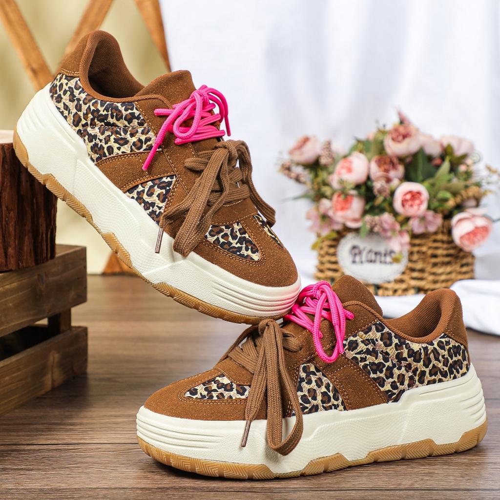 Retro leopard print thick-soled heightening skateboard shoes casual breathable and comfortable outdoor shoes couple tide shoes