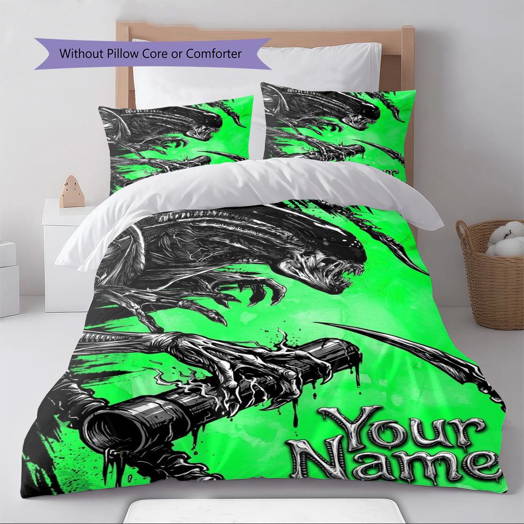 Name Custom Aliens Monster Pattern Bedding Set Quilt Cover Pillowcase Home Decor Gift (1 * Duvet Cover + 2 * Pillowcase, Without Core)
