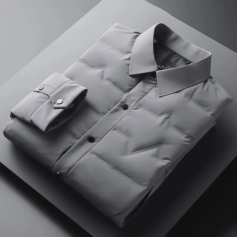 Męska Lekka Kurtka Puchowa Business Casual - Jesień/Zima Ciepła Krótka z Białego Puchu Kaciego z Kołnierzykiem Koszulowym