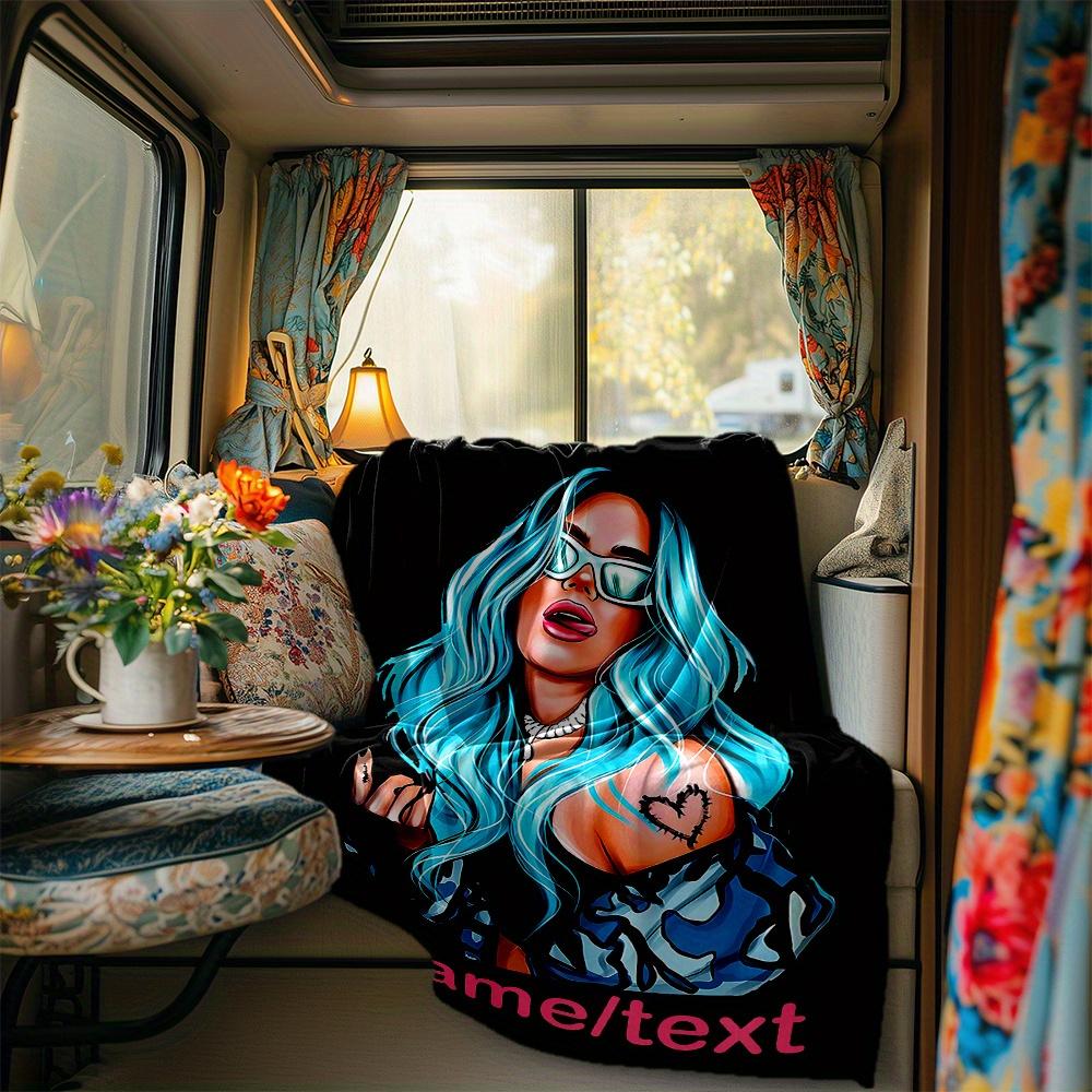 Blue Hair Woman Heart Cutout Blanket Personalized Name Soft Comfortable Stylish Blanket Car Blanket Perfect For Travel Camping Outdoor Home Suitable