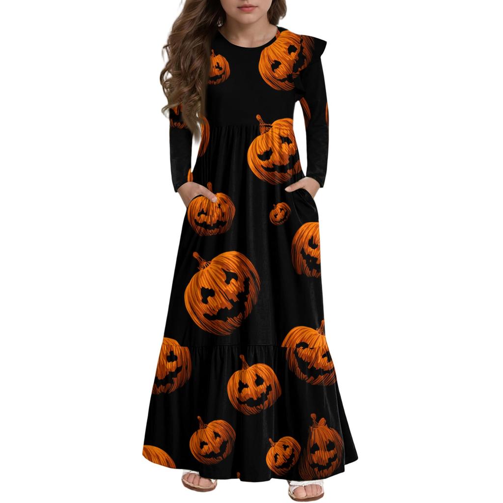 Robe à volants étagés pour filles Jour d'Halloween - Maxi imprimée à manches longues avec poches