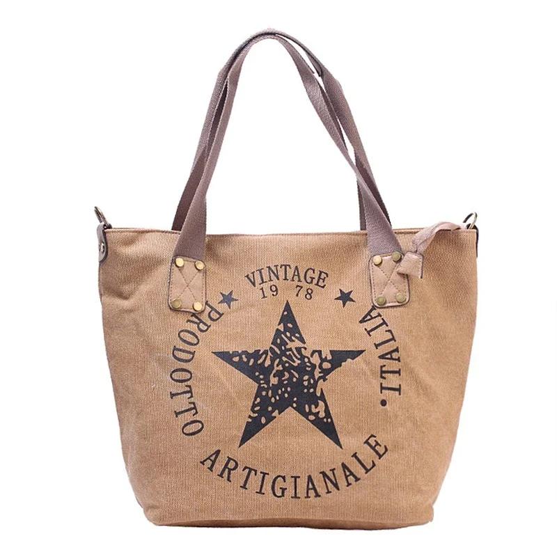 Velká Ležérní Plátěná Dámská Taška Přes Rameno Módní Tote Taška s Potiskem Pentagramu Dámská Vintage Stylu Dámské Nákupní Tašky