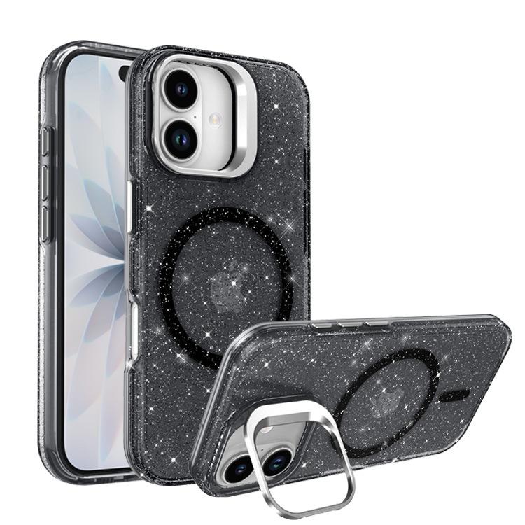 For IPhone 17 Glitter Phone Case PC Transparent Magnetic Bracket for Apple 15 Anti Drop Protective Case 13 with Hanging Rope