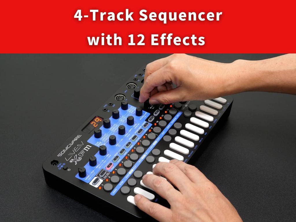 SONICWARE LIVEN XFM [FM Synthesizer Groovebox] 4-Track Step Sequencer, 6 Voices, 10 Effects, Battery Powered, Built-in Speaker