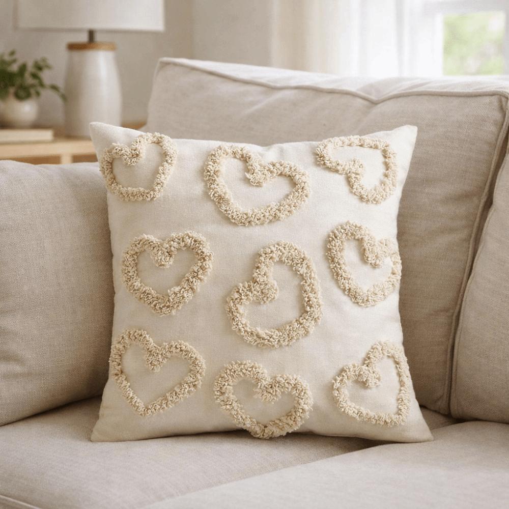 Romantic Valentine Heart Pattern Pillowcase Velvet Hidden Zipper Tufted Cushion Case Minimalist Embroidery Plush Pillow Cover