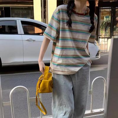 Retro Gestreiftes Rundhals Kurzarm-T-Shirt Neues Sommer-Oberteil Im Koreanischen Stil Für Damen