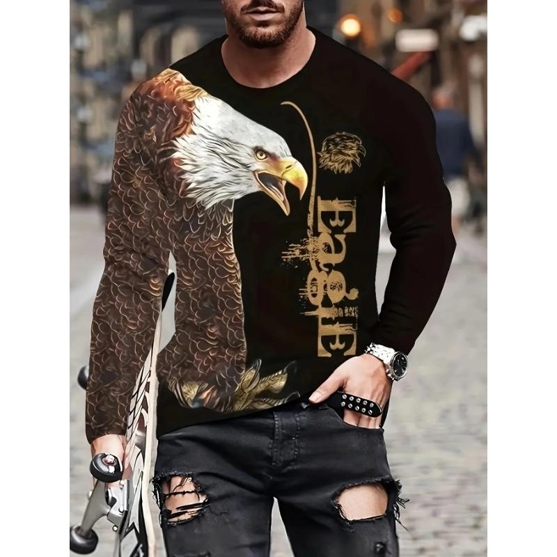 Spring and Autumn Round Neck Vintage Eagle Graphic 3D Printed Top Fashionable Casual Long Sleeved Men's T-shirts