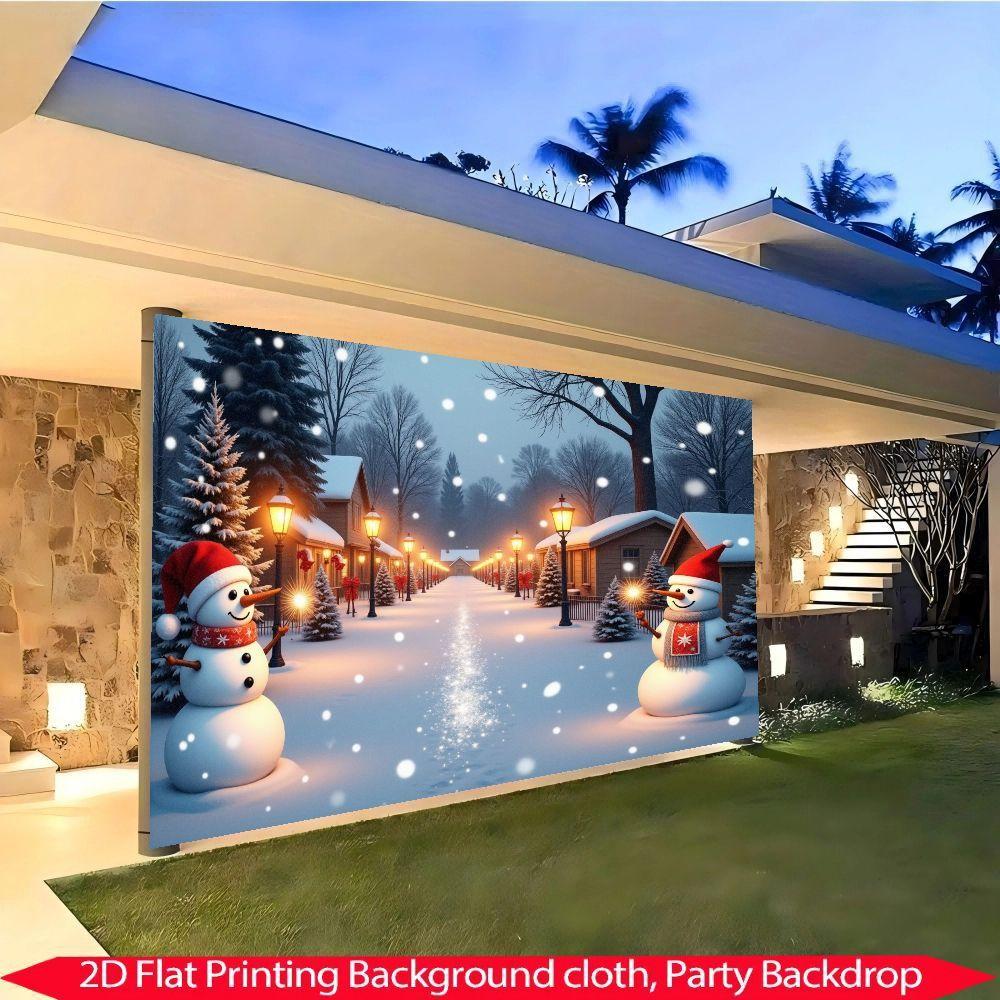 2D Flat 1 Piece of Charming Christmas Snowy Landscape Banner with Cute Snowman, Decorated Fir Tree, Merry Christmas