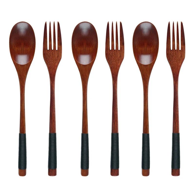 6 шт. Деревянная ложка и вилка Японский стиль Набор столовой посуды Портативный набор столовых приборов Длинная деревянная суповая ложка Десертная вилка Домашняя кухонная посуда