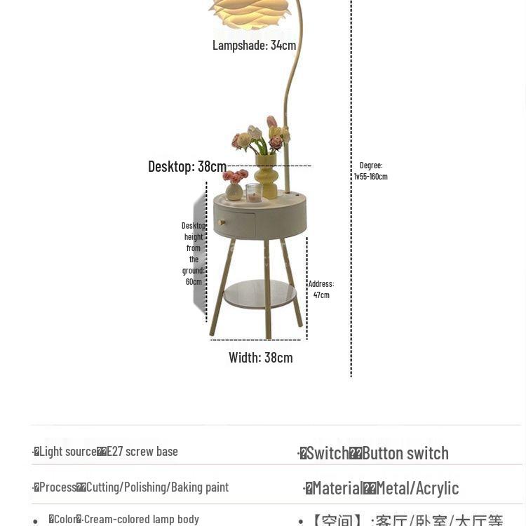 Elegant Cream Floor Lamp with Table and Storage - Perfect for Bedroom or Living Room Décor.