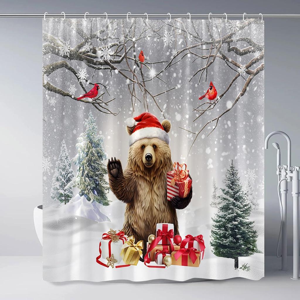 Christmas Funny Bear Shower Curtain Cute Wild Animal Winter Forest Snowflake Rustic Cabin Xmas Tree Red Bird Holiday Bathroom
