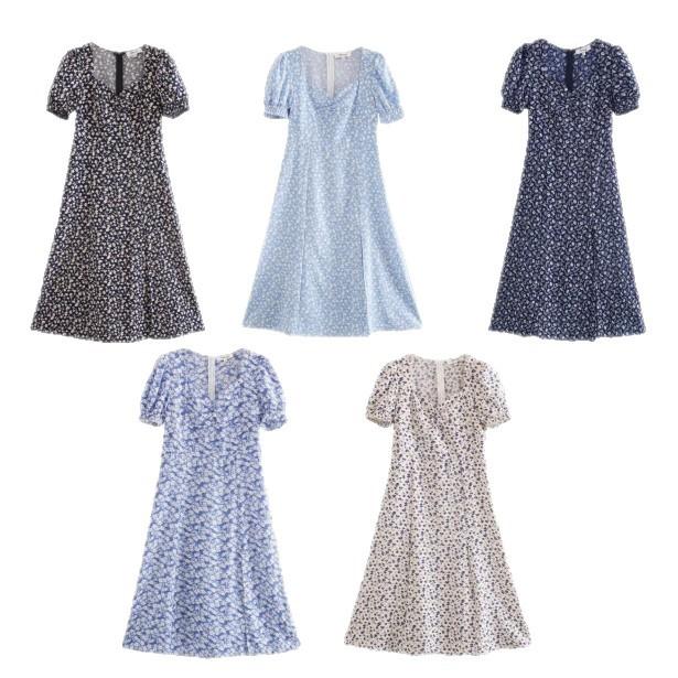Summer New French Retro Temperament Square Neck Floral Waist and Thin Dress