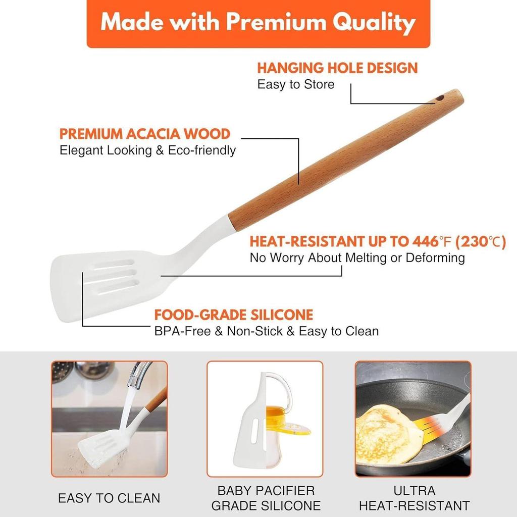 Non-Stick Silicone Cooking Utensils Set, 3 Pcs With Wooden Handle, Silicone Kitchen Gadgets
