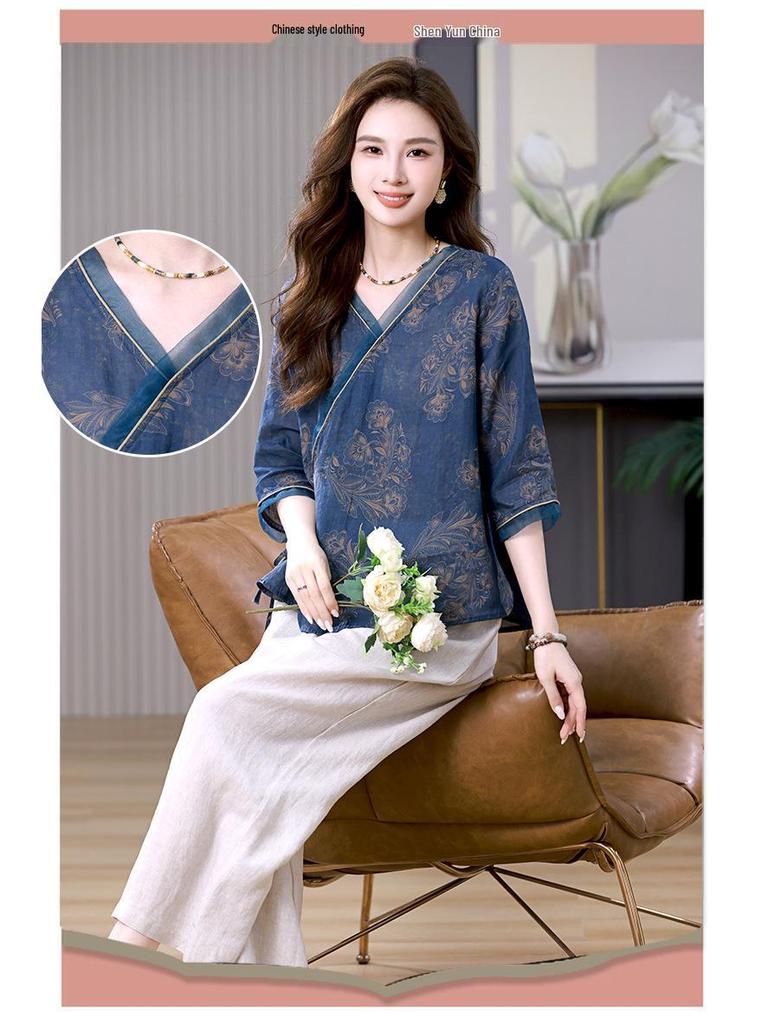 Women's 2025 Summer Ramie Suit: Retro Two-Piece Set with Wide-Leg Pants and Top