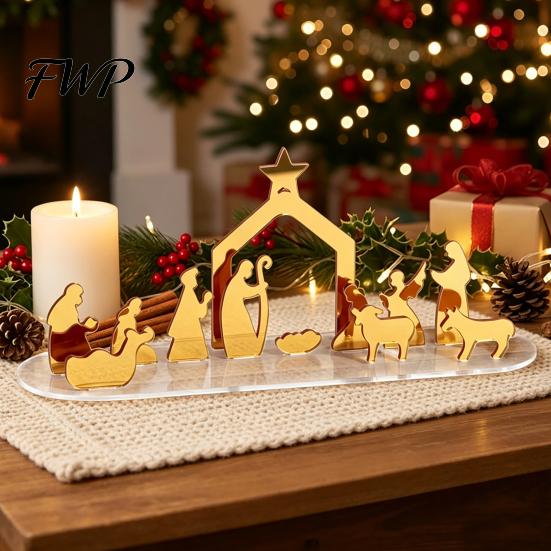 Christmas Tabletop Decorations Acrylic Ornament, Mirrored Golden Silhouette Scene, Decorative Living Room Table Decor Desktop Display for Holiday