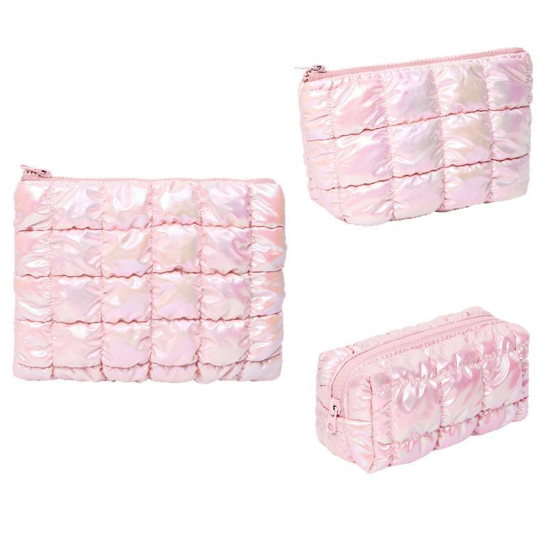 Iridescent Pink Puffy Makeup Bag With Bubble Grid Design Large Capacity For Travel Daily Cosmetic Storage