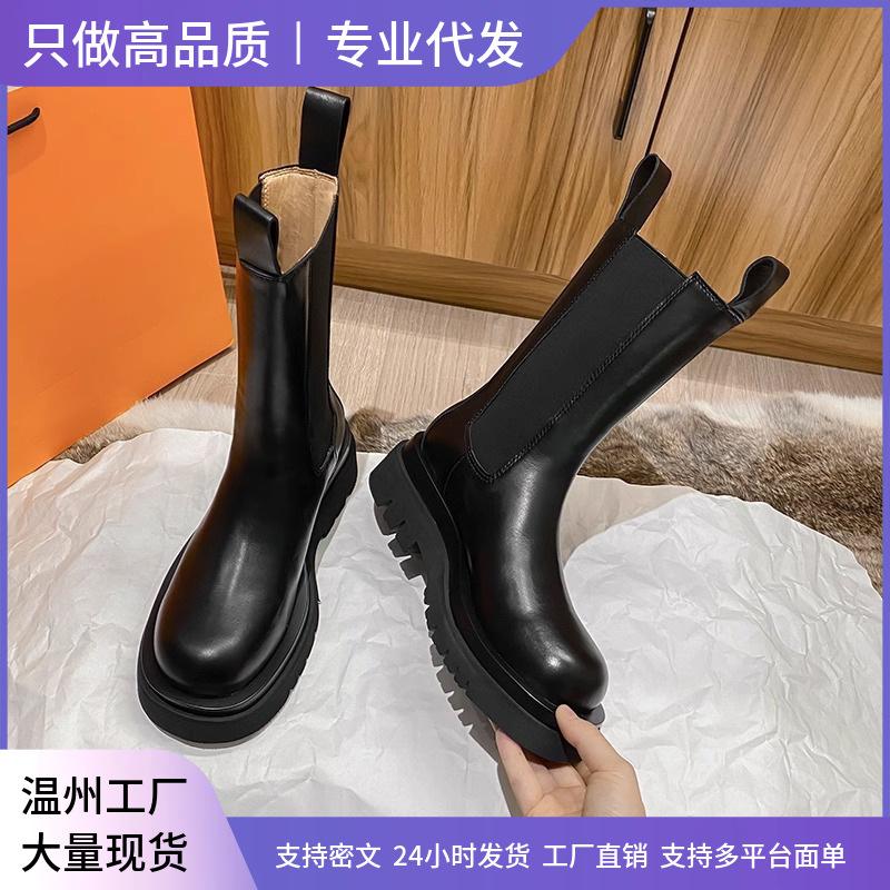 Martin boots women's thick-soled inner height increase British style sleeve autumn and winter velvet cigarette boots breathable Chelsea short boots