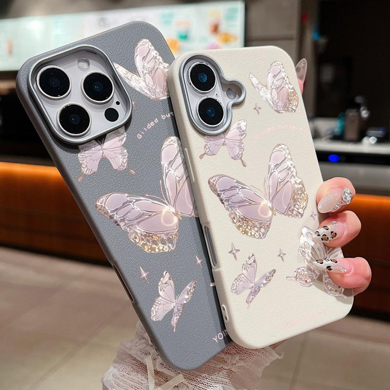 Butterfly Pattern Leather Texture Slim Soft Case Shell For iPhone 16 Pro Max 15 14 Pro 13 12 11 Matte Lens Protection Shockproof TPU Phone Cover