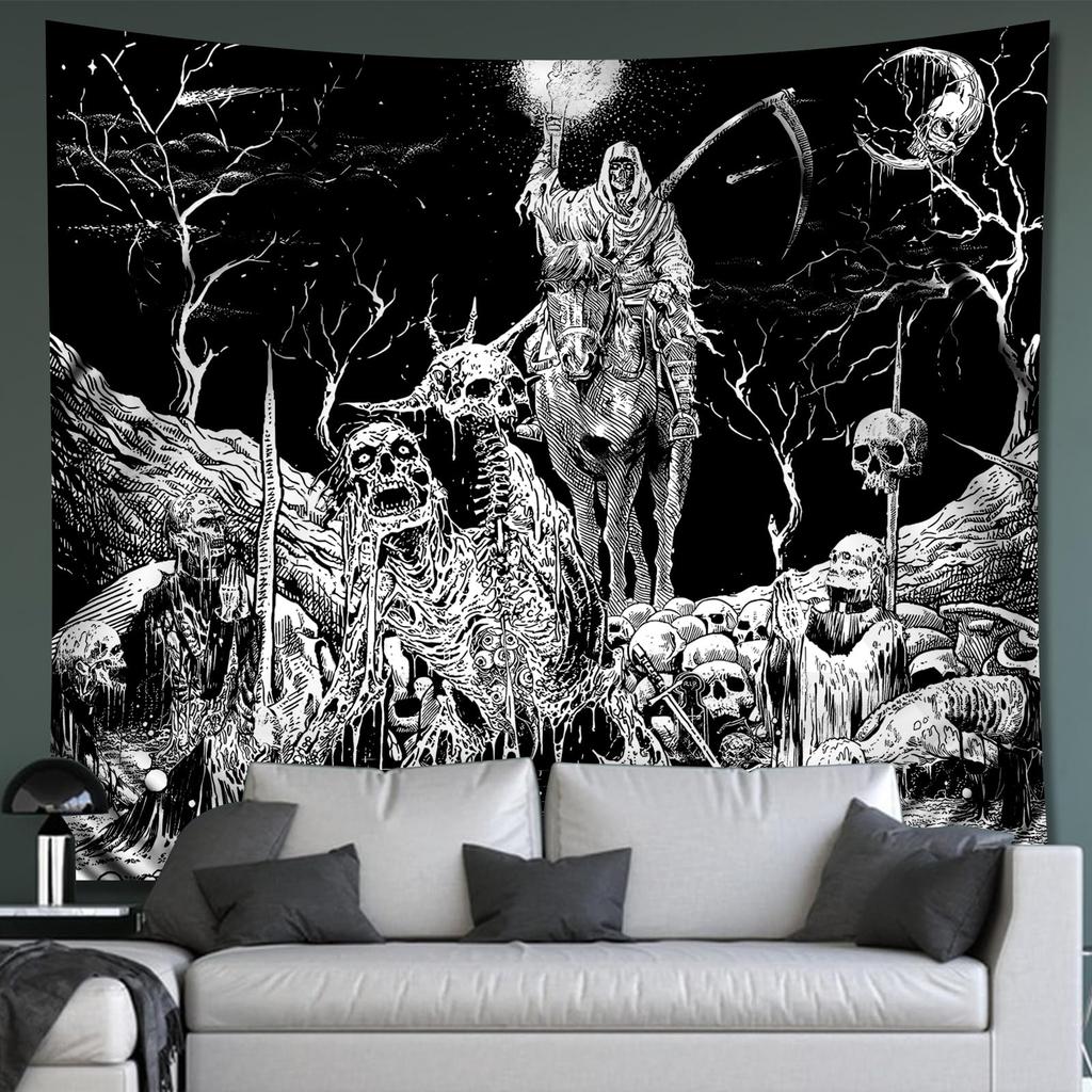 Black  White Gothic Skull Tapestry  Flat Printed Dark Ghost Rider Night Sky Moon Wall Hanging for Bedroom  Living Room Horror