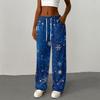 Women's Casual Christmas Printed Loose Straight Leg -Lined Pants with Elastic Waist