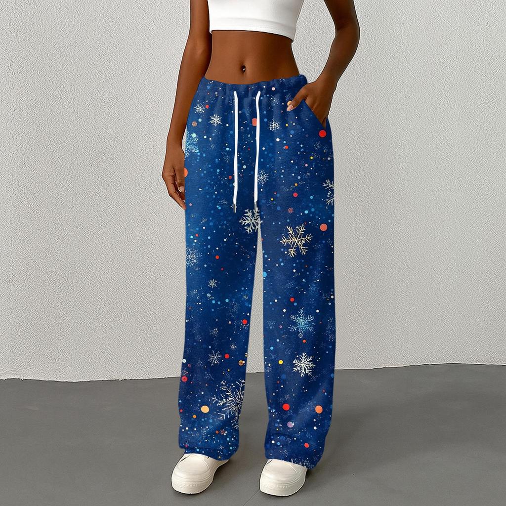 Women's Casual Christmas Printed Loose Straight Leg -Lined Pants with Elastic Waist