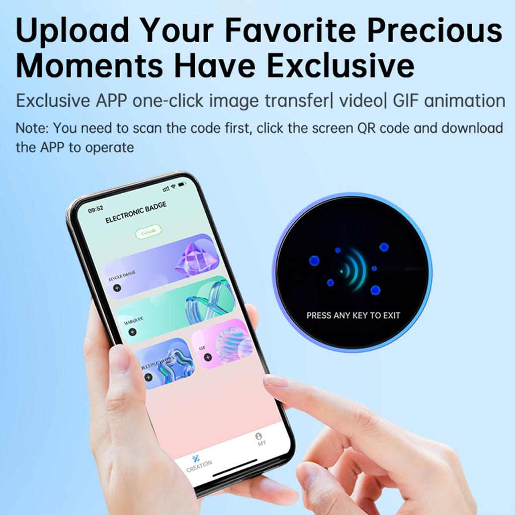 1.85 Inch Electronic Anime E-Badge Touch Screen Gradient Badges Bluetooth Connection Peripheral Badges for Bag Backpack Hanging