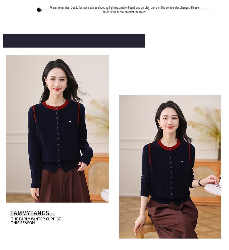Women's Round Neck Contrast Color Wool Knit Cardigan - Soft Hong Kong Style Petite Sweater Jacket